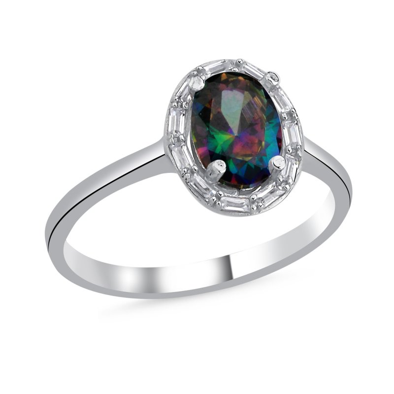 Mystic Topaz Oval Baguette CZ & Halo Solitaire Ring - R106165