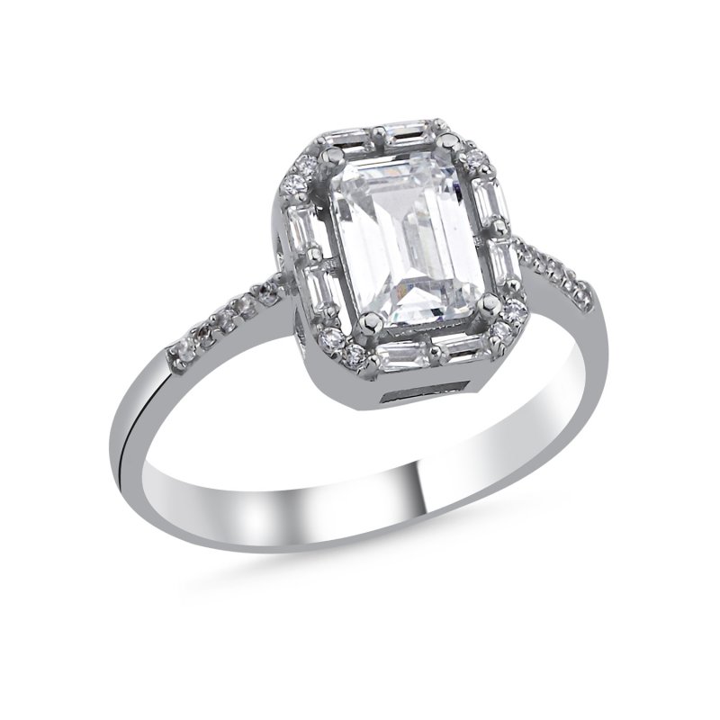 Baguette & CZ Halo Solitaire Ring - R106167