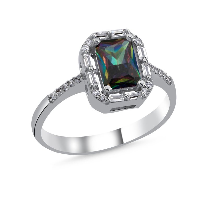 Mystic Topaz Baguette & CZ Halo Solitaire Ring - R106169