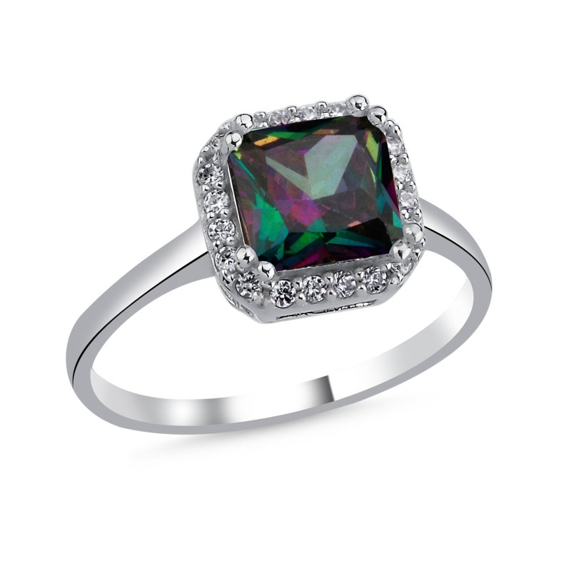 Mystic Topaz Square CZ & Halo Solitaire Ring - R106183