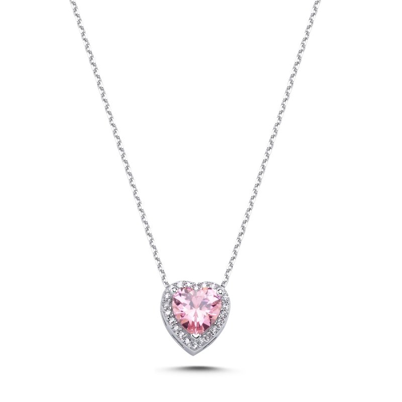 Pink CZ Heart & Halo Solitaire Necklace - N106498