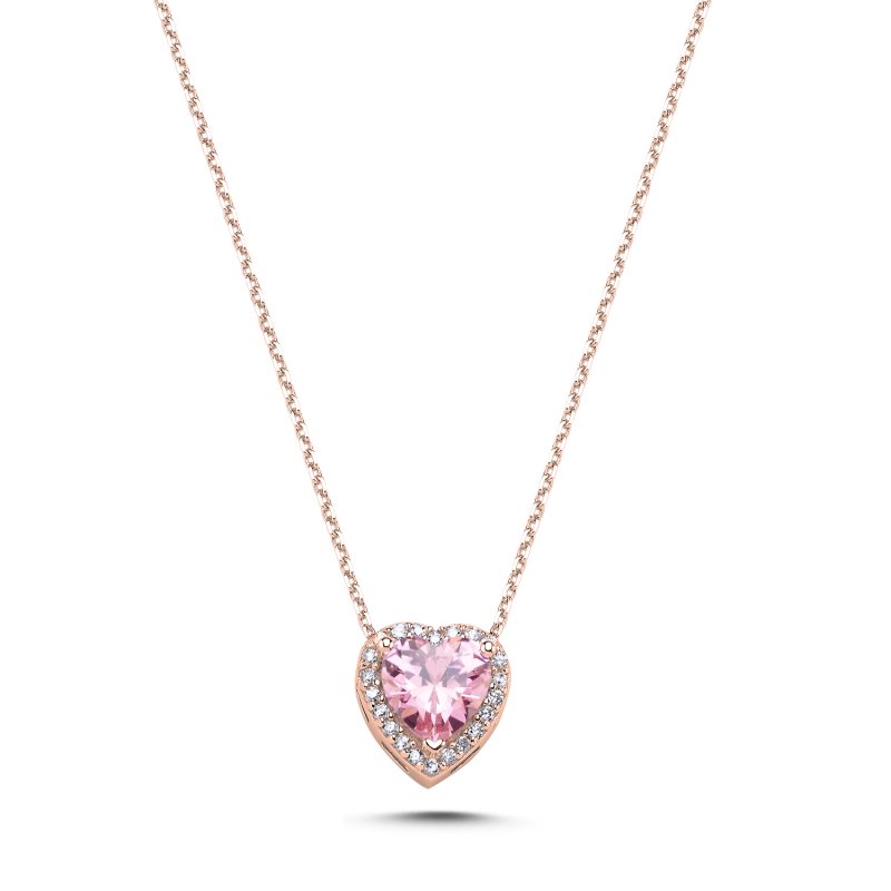 Pembe Zirkon Taşlı Kalp & Halo Tektaş Kolye - N106498