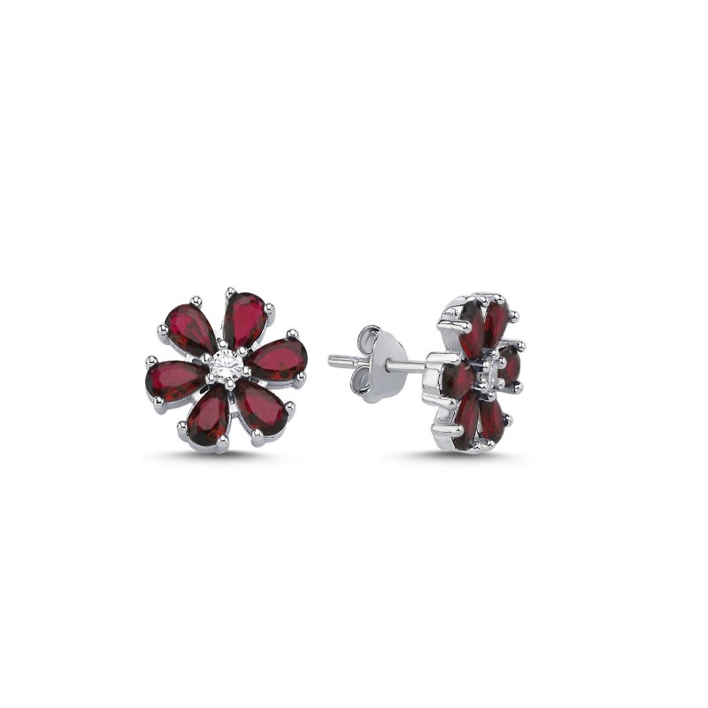 Flower Ruby CZ Stud Earrings - E106560