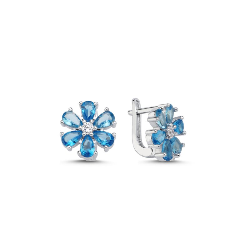 Flower Aquamarine CZ Latch Back Earrings - E106568