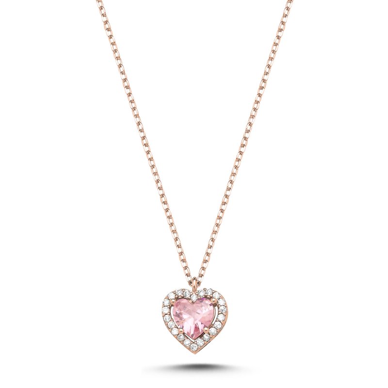 Pink CZ Heart & Halo Solitaire Necklace - N106795