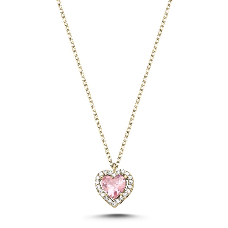 Pembe Zirkon Taşlı Kalp & Halo Tektaş Kolye - N106795