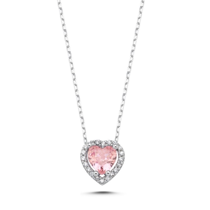 Pink CZ Heart & Halo Solitaire Necklace - N106820