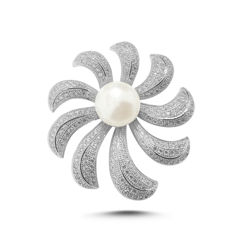Natural Pearl & CZ Flower Brooch - BR106907