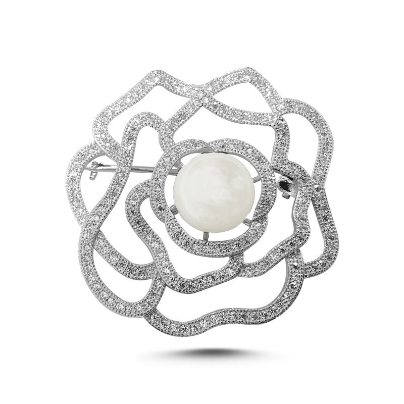 Natural Pearl & CZ Flower Brooch - BR106908