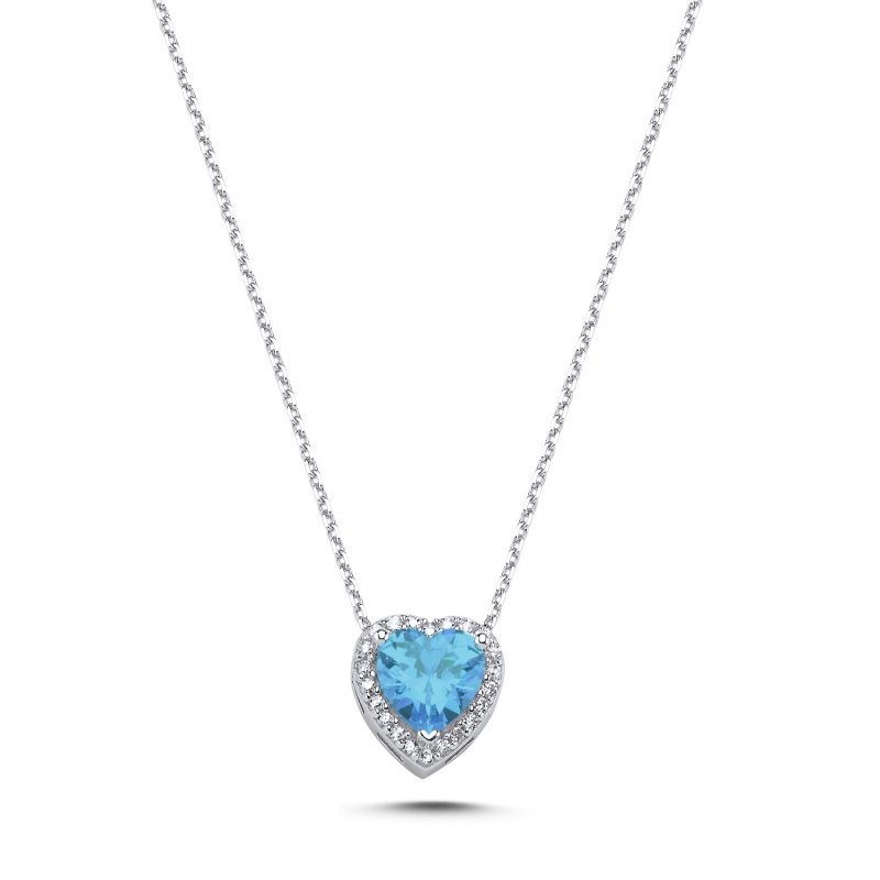 Aquamarine CZ Heart & Halo Solitaire Necklace - N106982