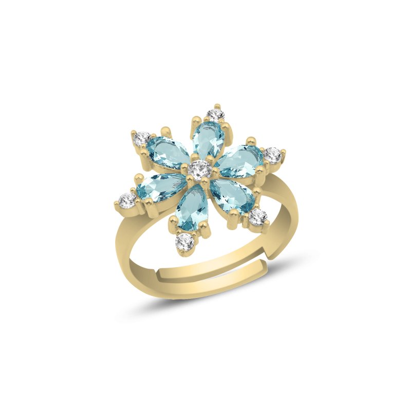 Lotus Flower Aquamarine CZ Adjustable Size Ring - R107163