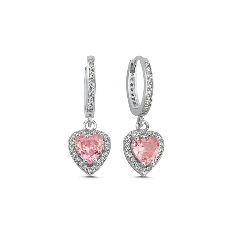 Pink Heart CZ Dangle Huggie Earrings - E107222