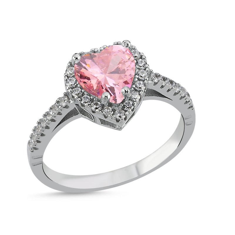 Heart Pink CZ Halo Solitaire Ring - R107225