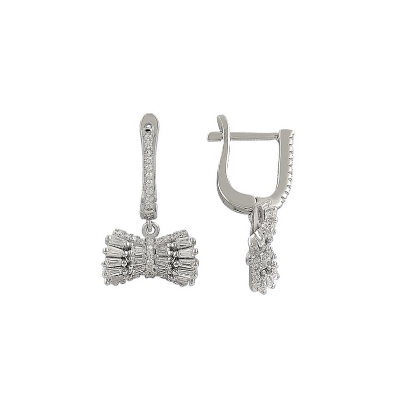 Baguette CZ Bow Tie Dangle Latch Back Earrings - E107380