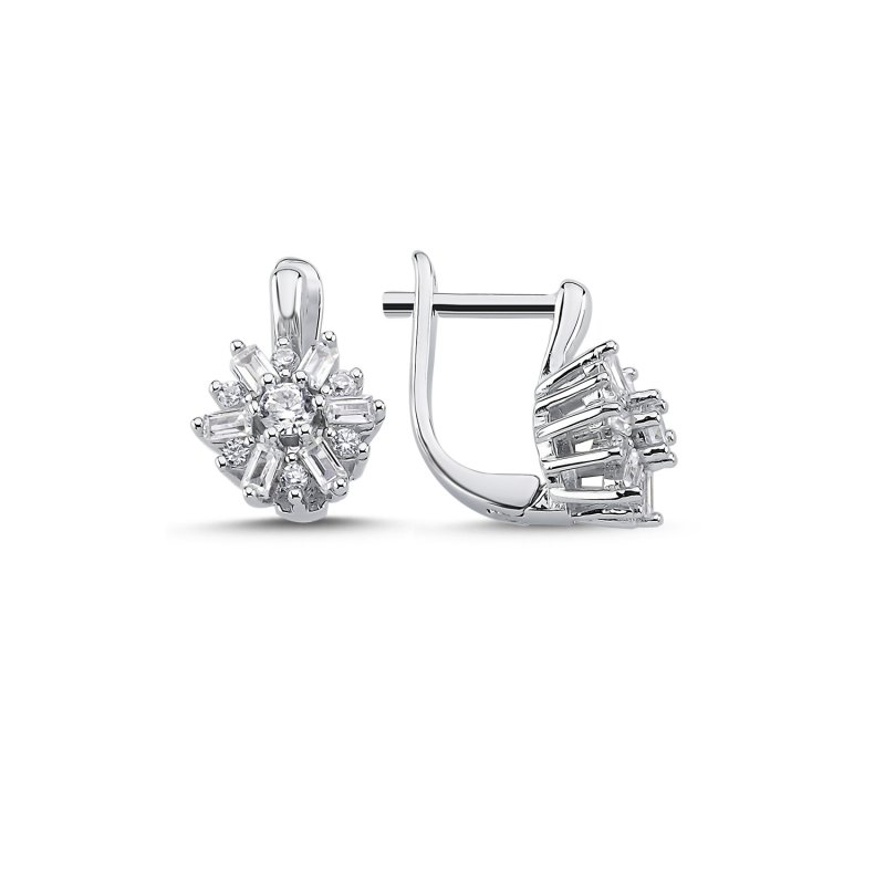 Baguette CZ Camellia Flower Latch Back Earrings - E107405