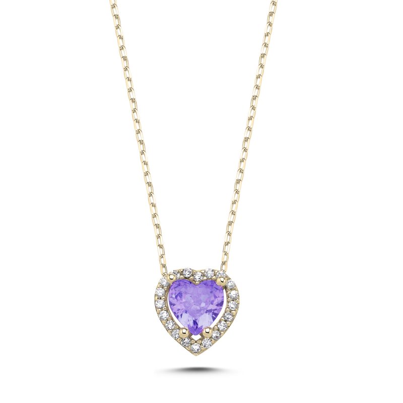 Amethyst CZ Heart & Halo Solitaire Necklace - N107451