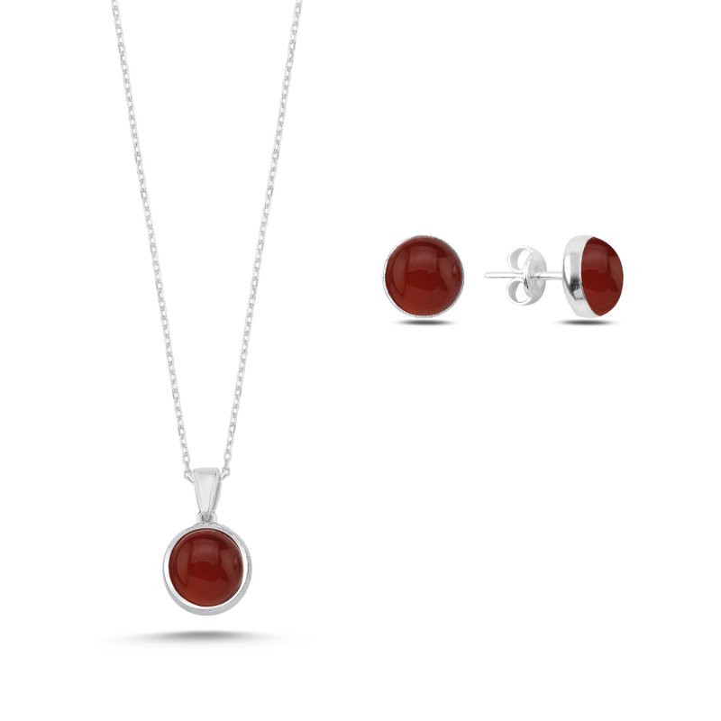 Round Red Agate Solitaire Set - S107462