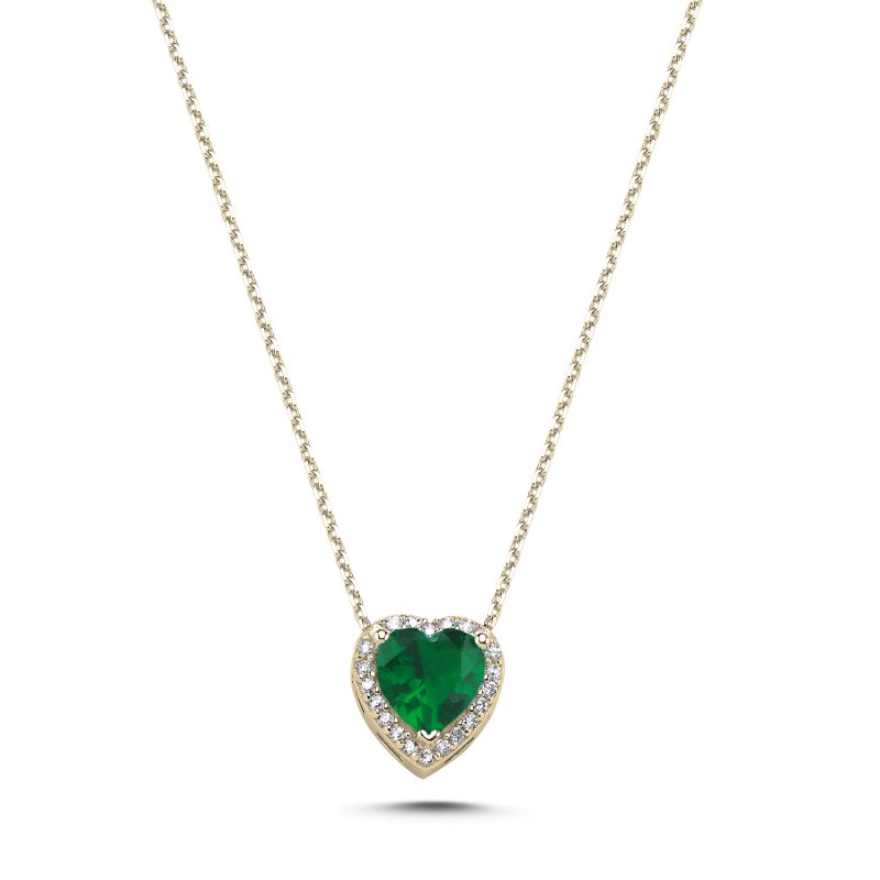 Emerald CZ Heart & Halo Solitaire Necklace - N107474