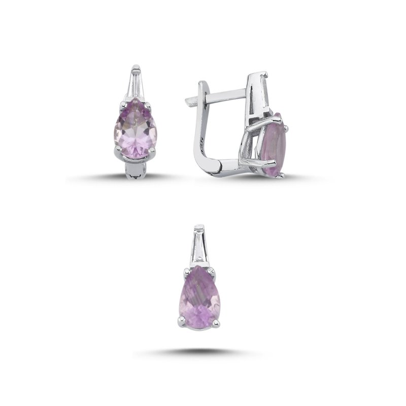 Natural Teardrop Amethyst & Baguette CZ Set - S107699