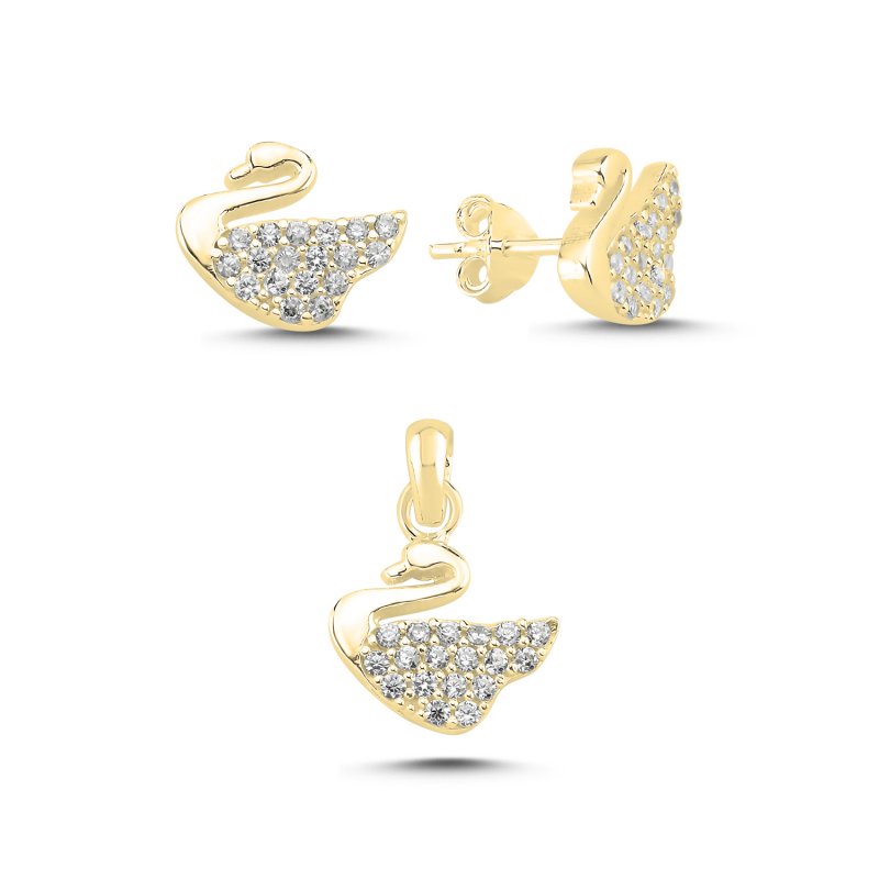 Swan CZ Stud Set (Stud Earrings & Pendant) - S107734