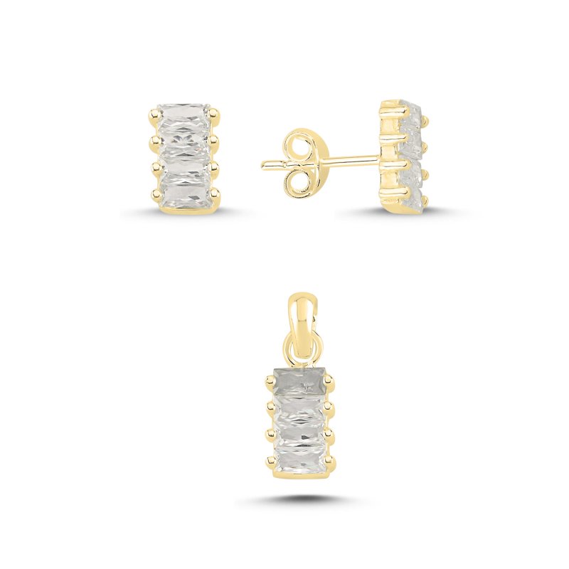 Triple Stacked Baguette CZ Set (Stud Earrings & Pendant) - S107737