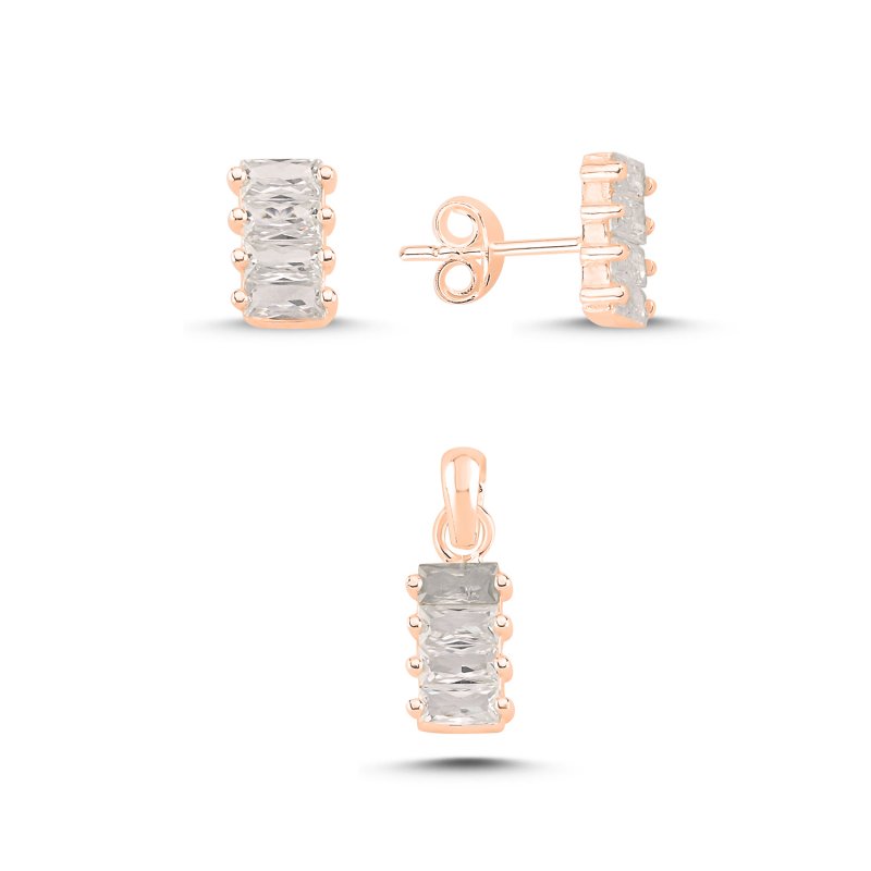 Triple Stacked Baguette CZ Set (Stud Earrings & Pendant) - S107737