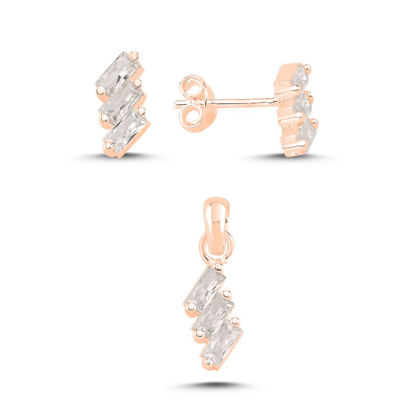 Diagonal Stacked Baguette CZ Set (Stud Earrings & Pendant) - S107738