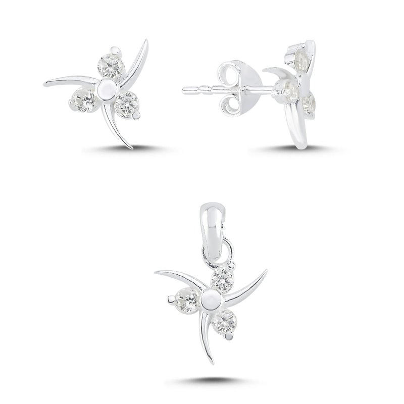 Rüzgar Gülü Formlu Zirkon Set (Küpe & Kolye Ucu) - S107739