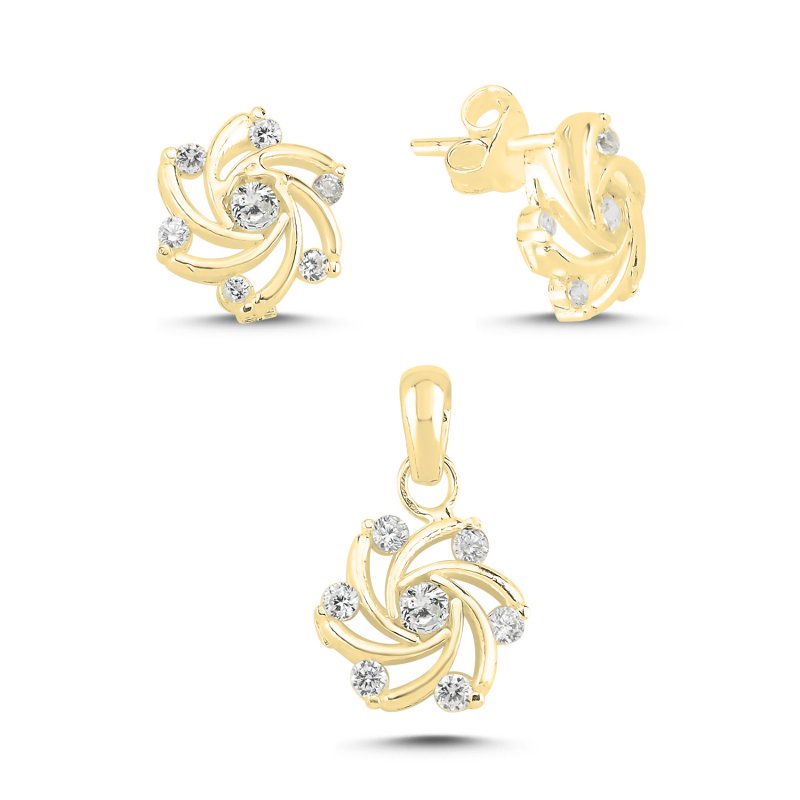 Six-Armed Swirl CZ Set (Stud Earrings & Pendant) - S107740