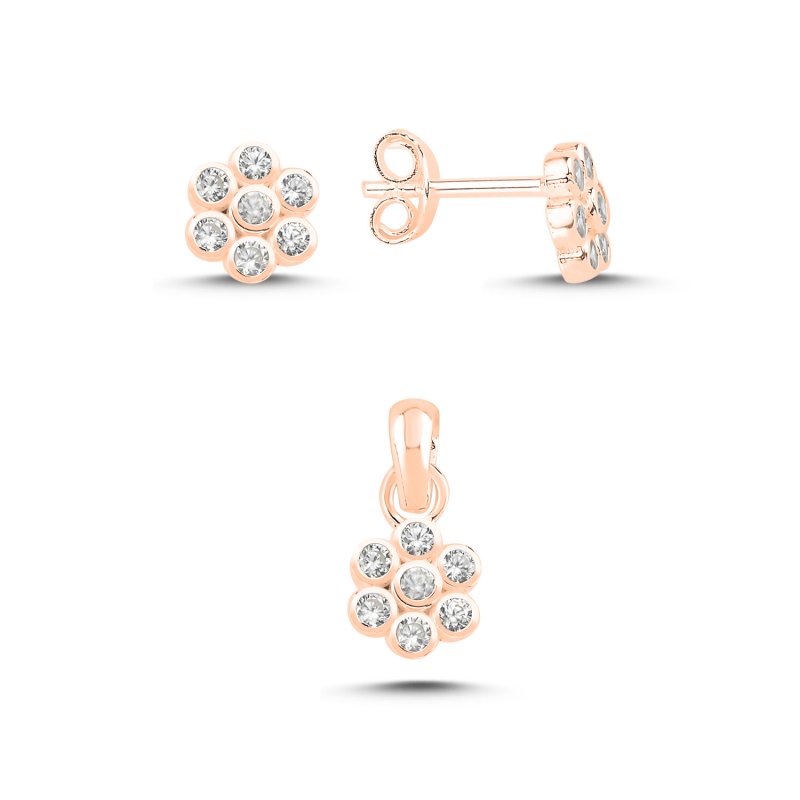 Floral Motif CZ Set (Stud Earrings & Pendant) - S107741