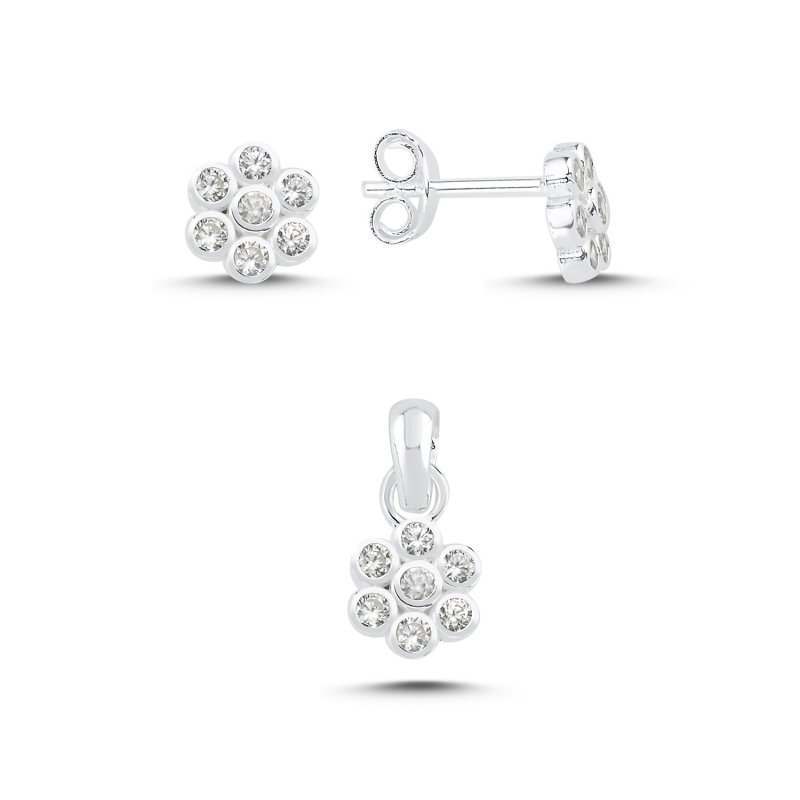 Floral Motif CZ Set (Stud Earrings & Pendant) - S107741