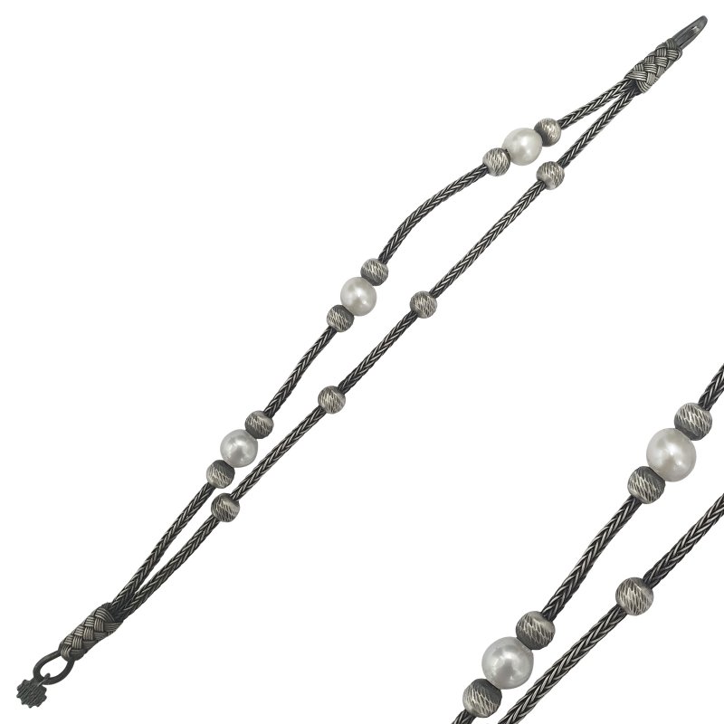 Pearl Oxidised Kazaz Hand Knitted Bracelet - B107766