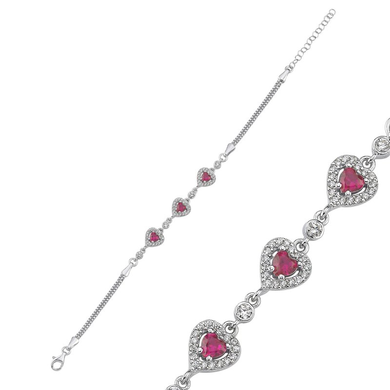 Red Heart Motif Cubic Zirconia Chain Bracelet - B107828