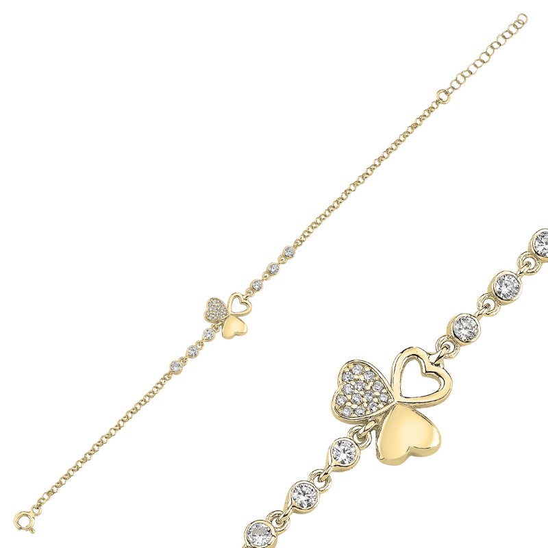 Three-Heart Clover Motif Cubic Zirconia Chain Bracelet - B107840