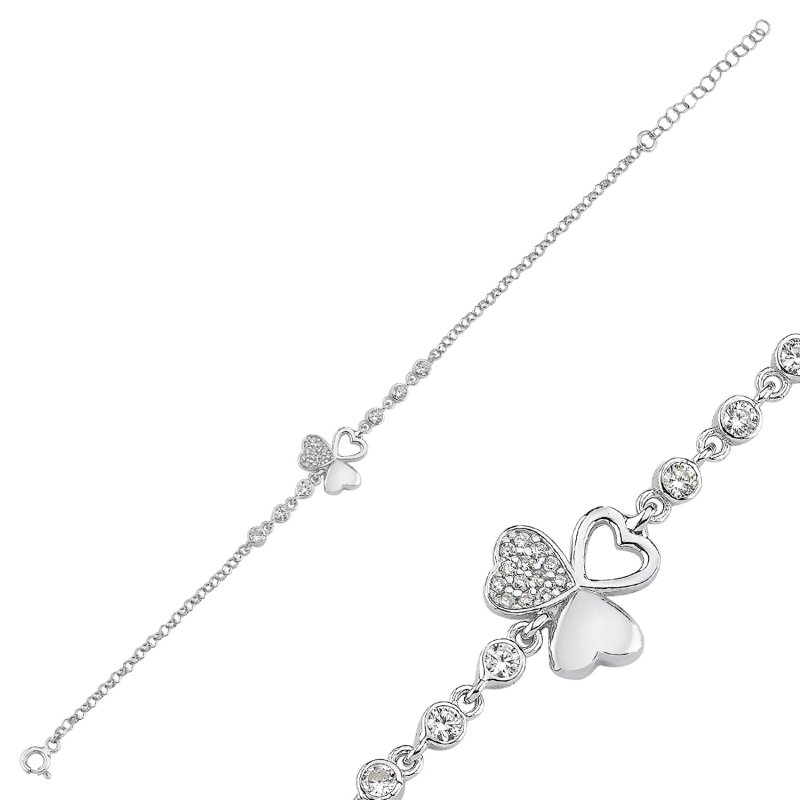 Three-Heart Clover Motif Cubic Zirconia Chain Bracelet - B107840