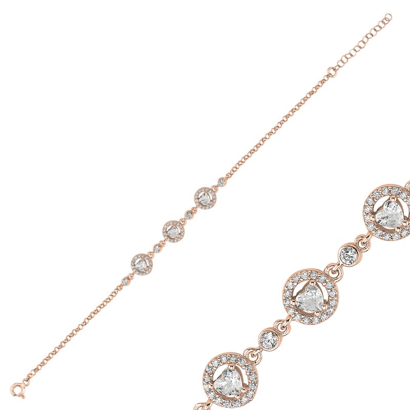 Heart-Cut Solitaire Round Halo CZ Chain Bracelet - B107847