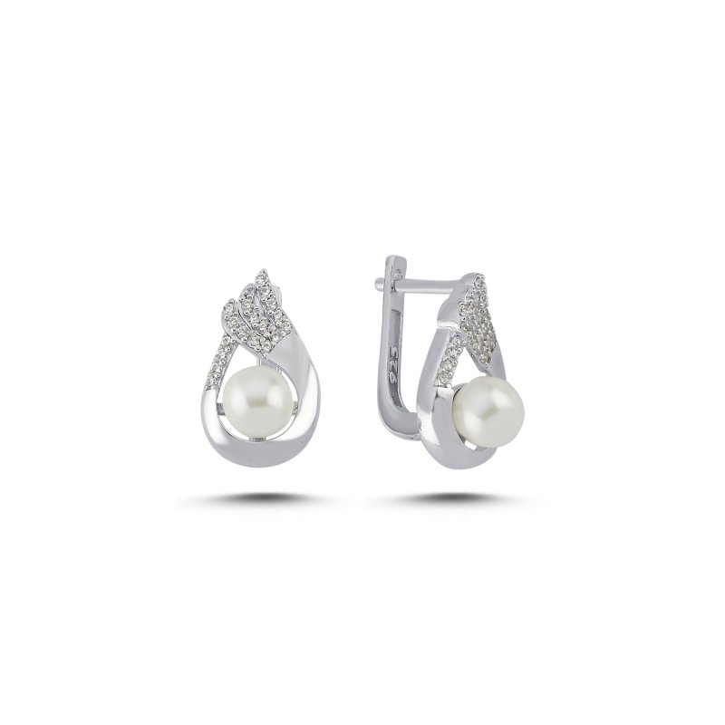 Pearl & Teardrop Motif CZ Latchback Earrings - E107863