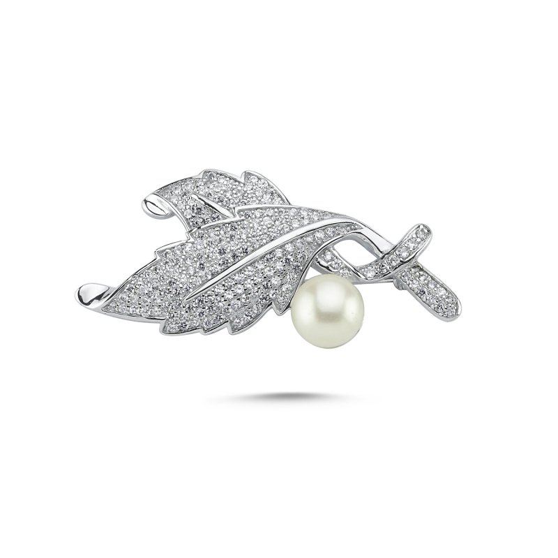 Pearl & CZ Leaf Brooch - BR82014