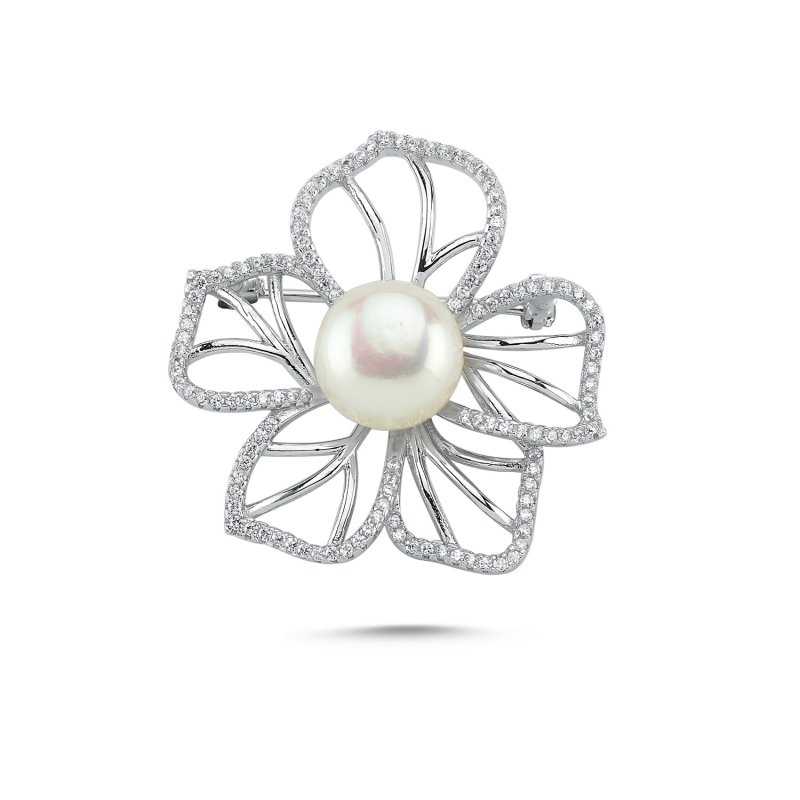 Genuine Pearl & CZ Flower Brooch - BR82016