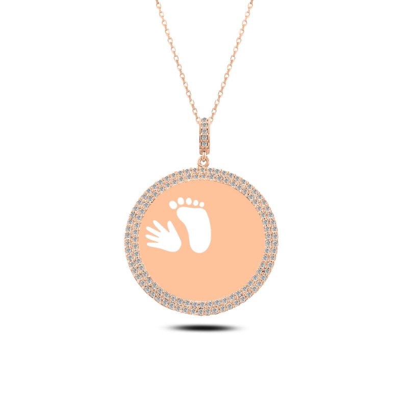 Round Plate 2 Row CZ Bezel Hand & Footprint Necklace - N82120