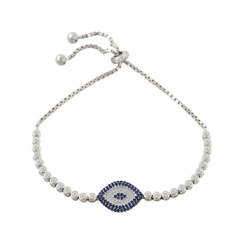 CZ Evil Eye Rhodium Plated Adjustable Sliding Bracelet - B82152