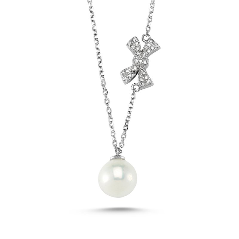 Rhodium Plated CZ Pearl Necklace  - N82343