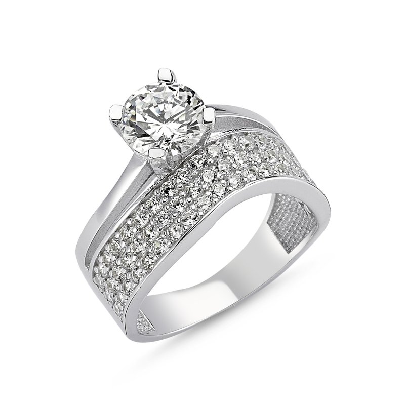CZ Three Row Twist Half Eternity & Solitaire Ring - R82545