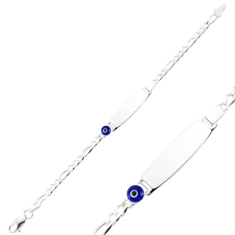 Sterling Silver Evil Eye Name Tag Figaro Chain Bracelet For Babies 