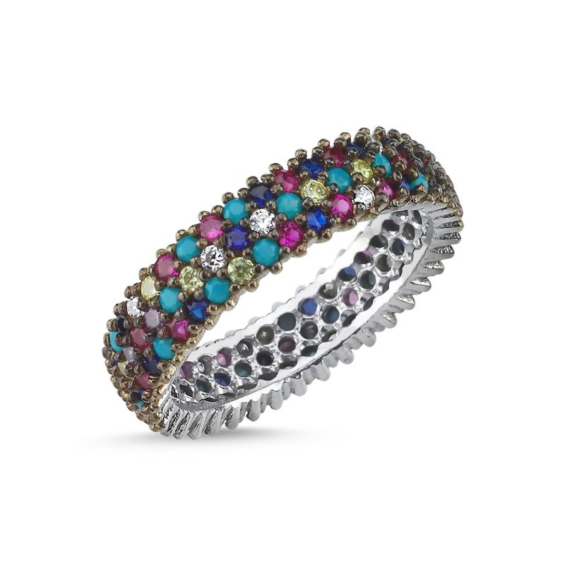 CZ 3 Row Rhodium Plated Mixed Color Eternity Ring - R82715