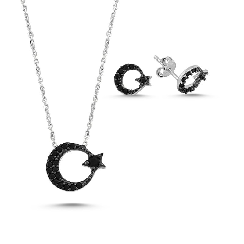Black CZ Star And Crescent Set - S84183