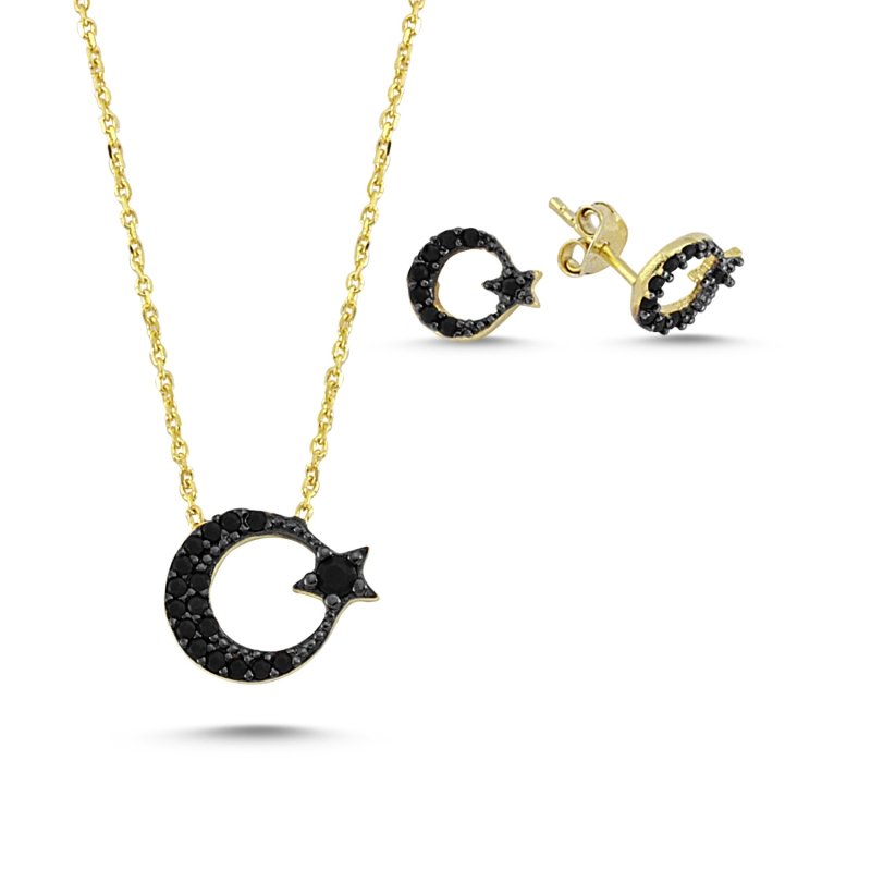 Black CZ Star And Crescent Set - S84183