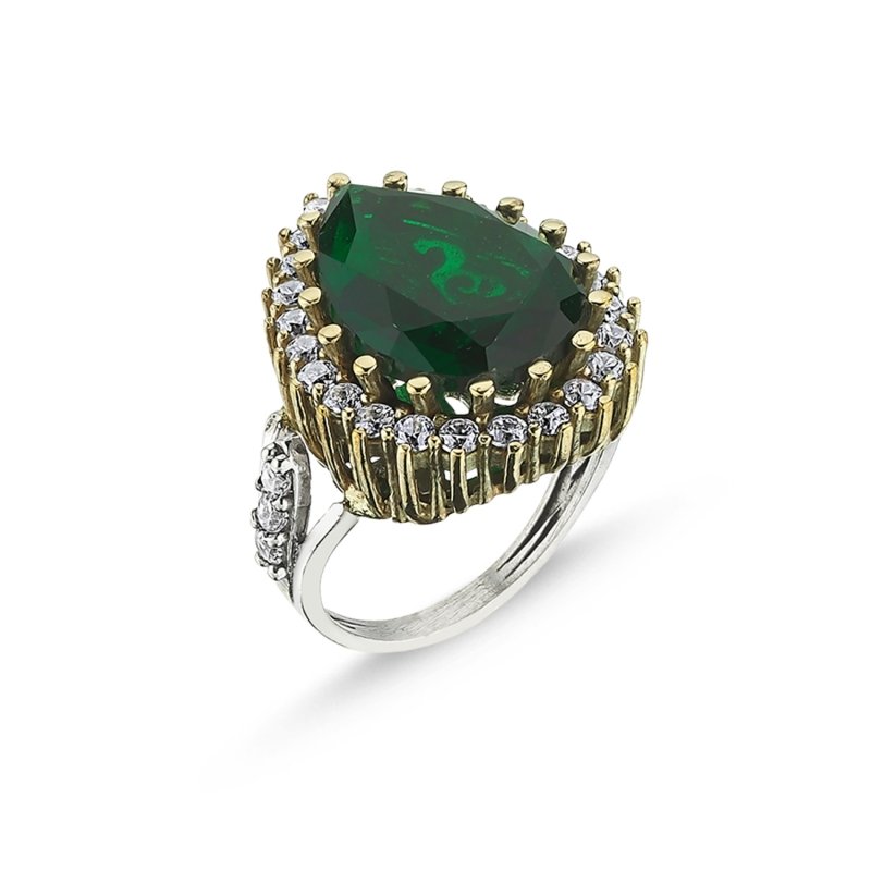 Teardrop Emerald CZ Ottoman Style Ring - R08443
