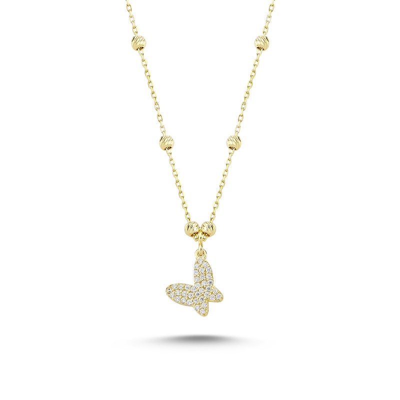 Diamond Cut Ball & CZ Butterfly Necklace - N85687