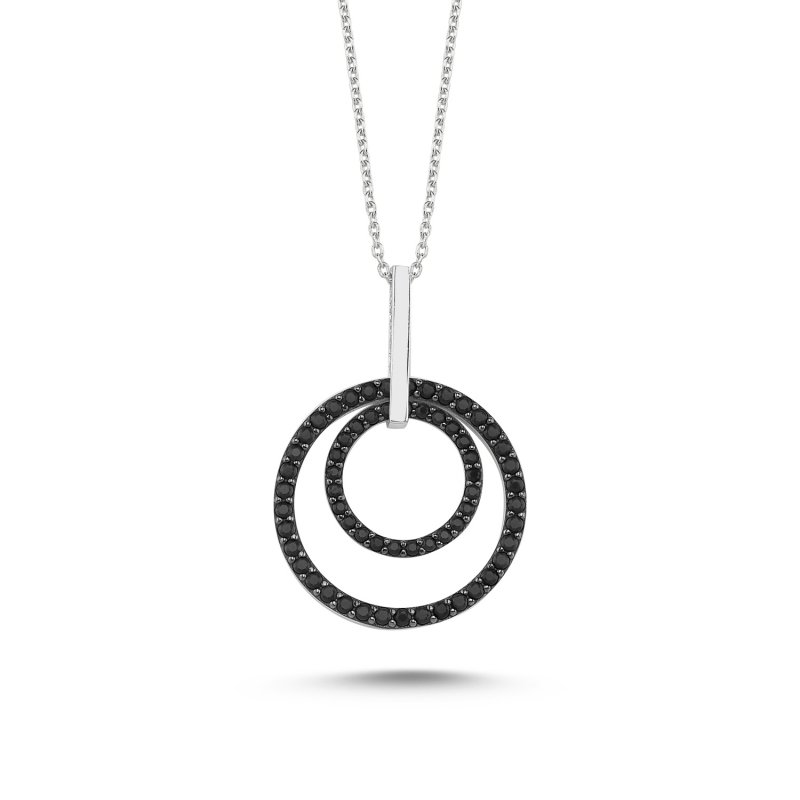 Movable Double Hoop Necklace with Black CZ - N85730